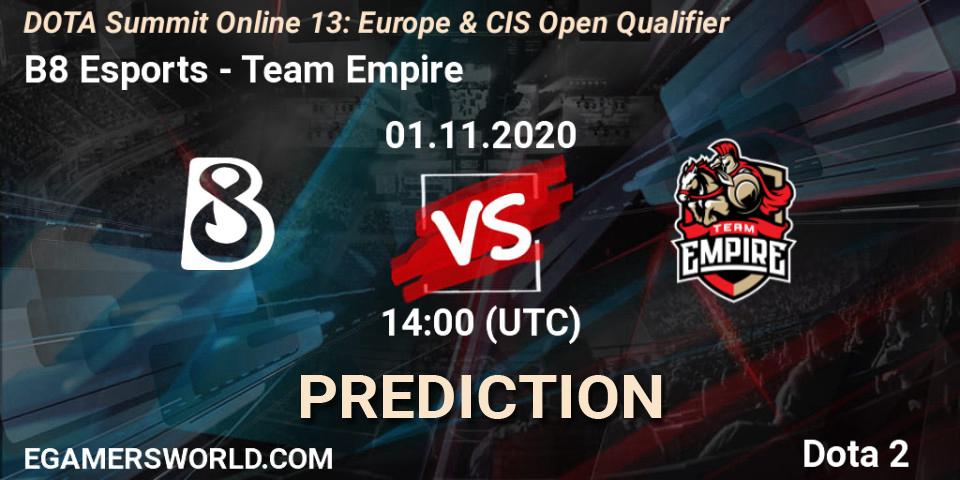 Prognoza B8 Esports - Team Empire. 01.11.2020 at 15:31, Dota 2, DOTA Summit 13: Europe & CIS Open Qualifier