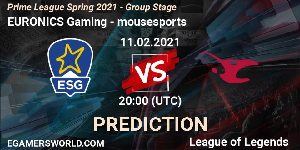 Prognoza EURONICS Gaming - mousesports. 11.02.2021 at 20:00, LoL, Prime League Spring 2021 - Group Stage