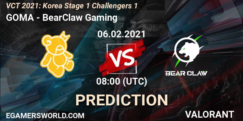 Prognoza GOMA - BearClaw Gaming. 06.02.2021 at 12:00, VALORANT, VCT 2021: Korea Stage 1 Challengers 1