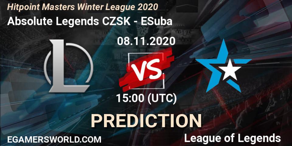 Prognoza Absolute Legends CZSK - ESuba. 08.11.2020 at 14:45, LoL, Hitpoint Masters Winter League 2020