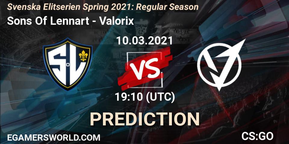 Prognoza Sons Of Lennart - Valorix. 10.03.2021 at 19:10, Counter-Strike (CS2), Svenska Elitserien Spring 2021: Regular Season