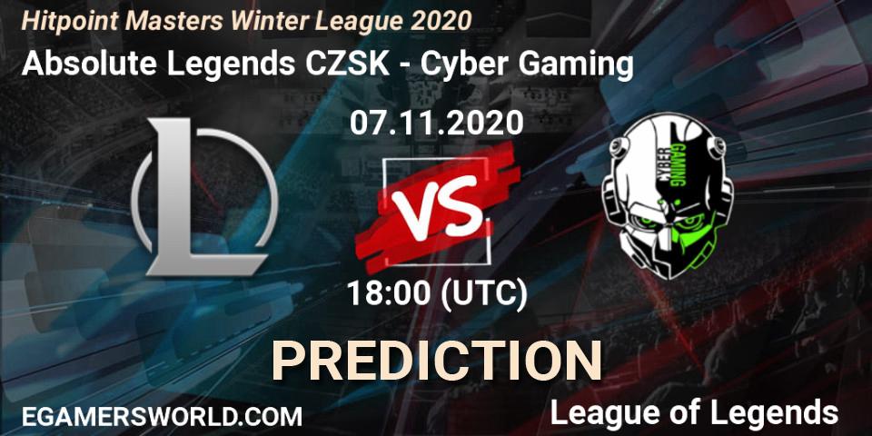 Prognoza Absolute Legends CZSK - Cyber Gaming. 07.11.2020 at 18:00, LoL, Hitpoint Masters Winter League 2020