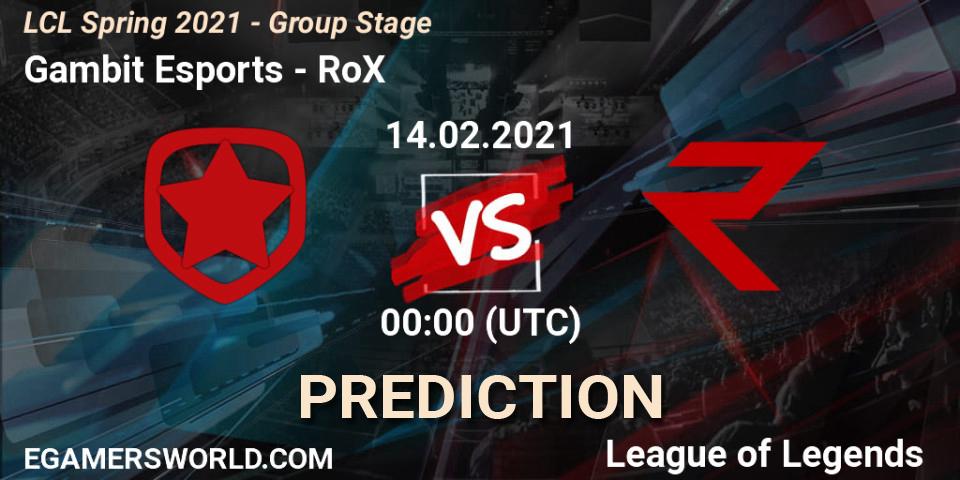 Prognoza Gambit Esports - RoX. 14.02.2021 at 13:00, LoL, LCL Spring 2021 - Group Stage