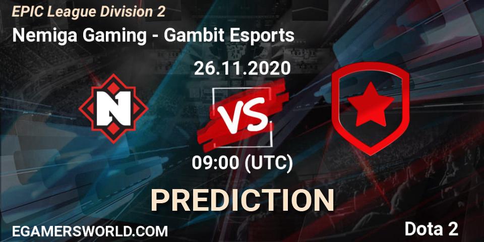 Prognoza Nemiga Gaming - Gambit Esports. 26.11.2020 at 09:00, Dota 2, EPIC League Division 2