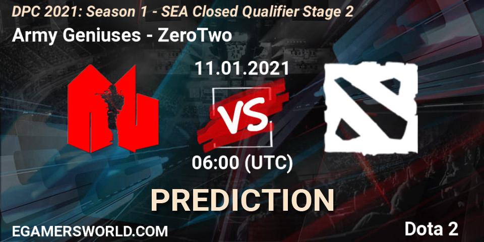 Prognoza Army Geniuses - ZeroTwo. 11.01.2021 at 06:00, Dota 2, DPC 2021: Season 1 - SEA Closed Qualifier Stage 2