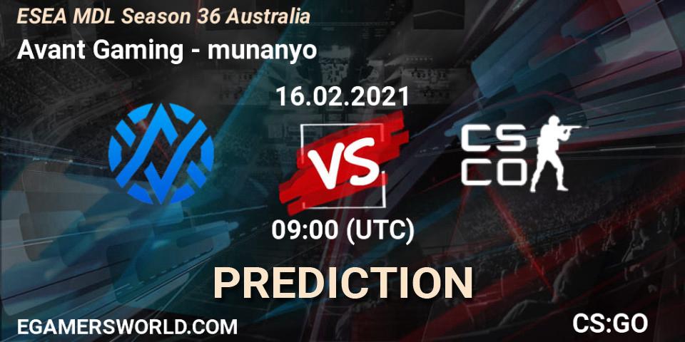 Prognoza Avant Gaming - munanyo. 16.02.2021 at 09:00, Counter-Strike (CS2), MDL ESEA Season 36: Australia - Premier Division