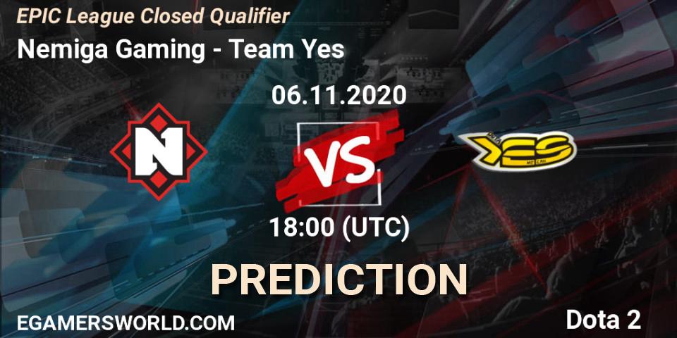 Prognoza Nemiga Gaming - Team Yes. 06.11.2020 at 17:42, Dota 2, EPIC League Closed Qualifier