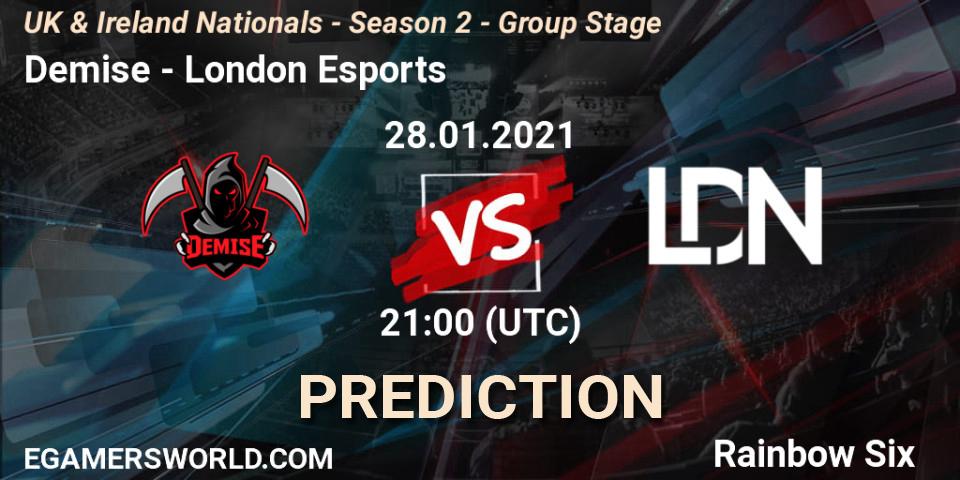 Prognoza Demise - London Esports. 28.01.2021 at 21:00, Rainbow Six, UK & Ireland Nationals - Season 2 - Group Stage