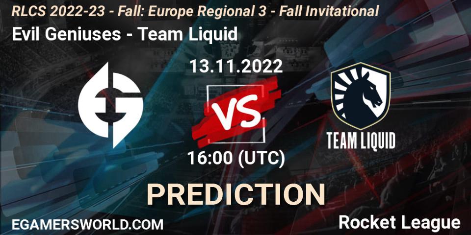 Prognoza Evil Geniuses - Team Liquid. 13.11.22, Rocket League, RLCS 2022-23 - Fall: Europe Regional 3 - Fall Invitational