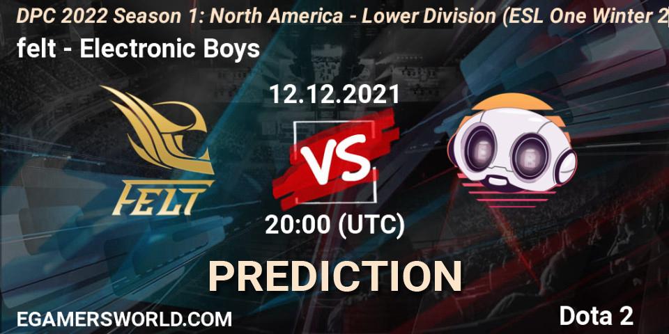 Prognoza felt - Electronic Boys. 12.12.2021 at 19:55, Dota 2, DPC 2022 Season 1: North America - Lower Division (ESL One Winter 2021)