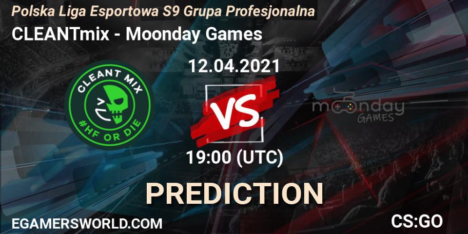 Prognoza CLEANTmix - Moonday Games. 12.04.2021 at 19:30, Counter-Strike (CS2), Polska Liga Esportowa S9 Grupa Profesjonalna