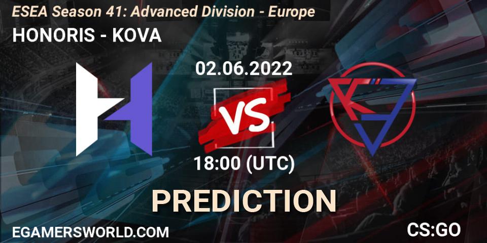 Prognoza HONORIS - KOVA. 02.06.2022 at 18:00, Counter-Strike (CS2), ESEA Season 41: Advanced Division - Europe