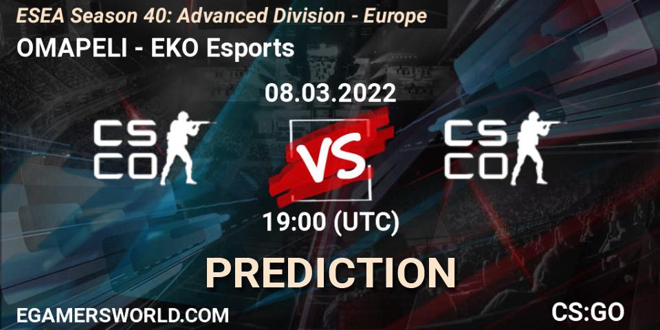 Prognoza OMAPELI - EKO Esports. 08.03.2022 at 19:00, Counter-Strike (CS2), ESEA Season 40: Advanced Division - Europe
