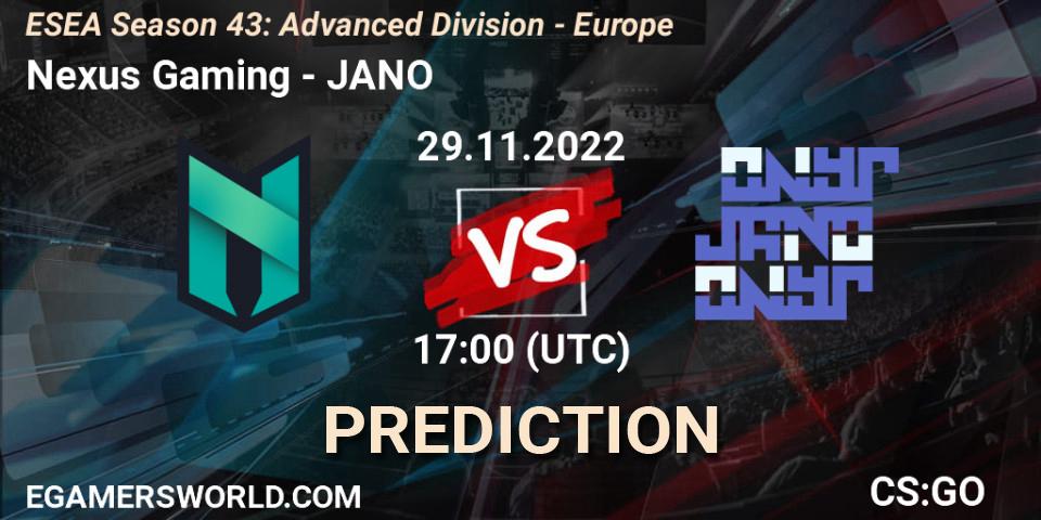 Prognoza Nexus Gaming - JANO. 29.11.22, CS2 (CS:GO), ESEA Season 43: Advanced Division - Europe