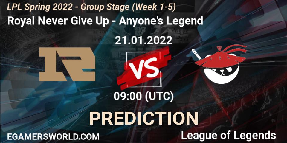 Prognoza Royal Never Give Up - Anyone's Legend. 21.01.2022 at 09:45, LoL, LPL Spring 2022 - Group Stage (Week 1-5)