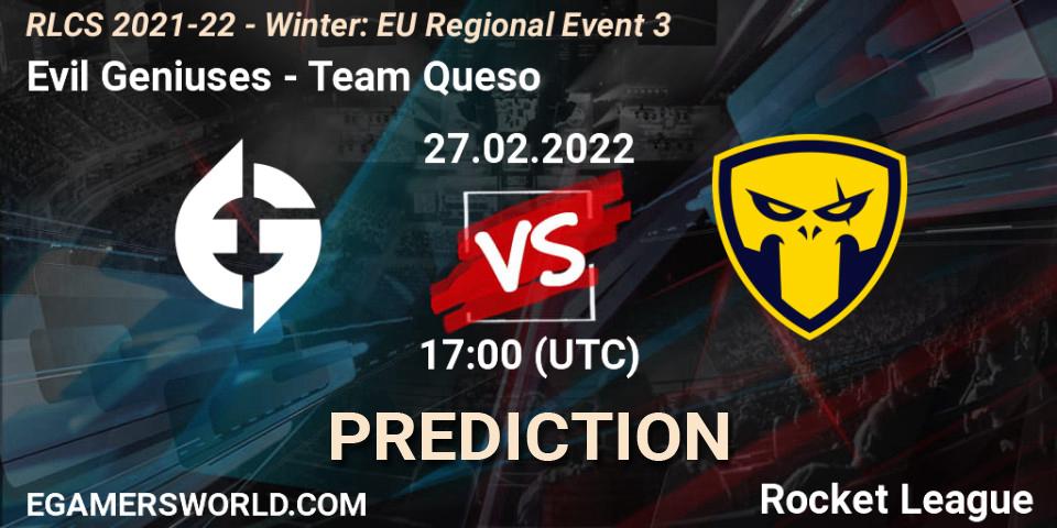 Prognoza Evil Geniuses - Team Queso. 27.02.2022 at 17:00, Rocket League, RLCS 2021-22 - Winter: EU Regional Event 3