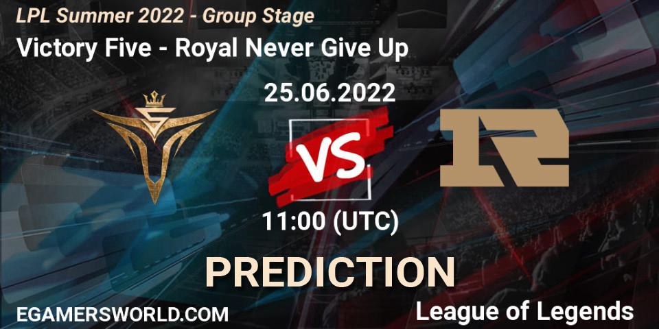 Prognoza Victory Five - Royal Never Give Up. 25.06.2022 at 13:00, LoL, LPL Summer 2022 - Group Stage
