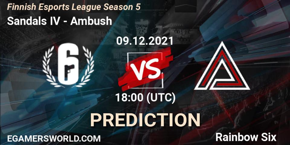 Prognoza Sandals IV - Ambush. 09.12.2021 at 18:00, Rainbow Six, Finnish Esports League Season 5