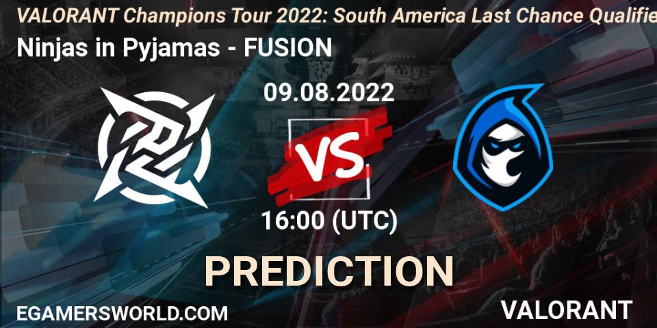 Prognoza Ninjas in Pyjamas - FUSION. 09.08.2022 at 16:00, VALORANT, VCT 2022: South America Last Chance Qualifier