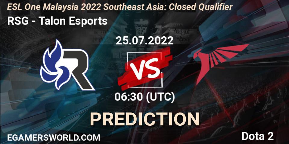 Prognoza RSG - Talon Esports. 25.07.2022 at 07:06, Dota 2, ESL One Malaysia 2022 Southeast Asia: Closed Qualifier