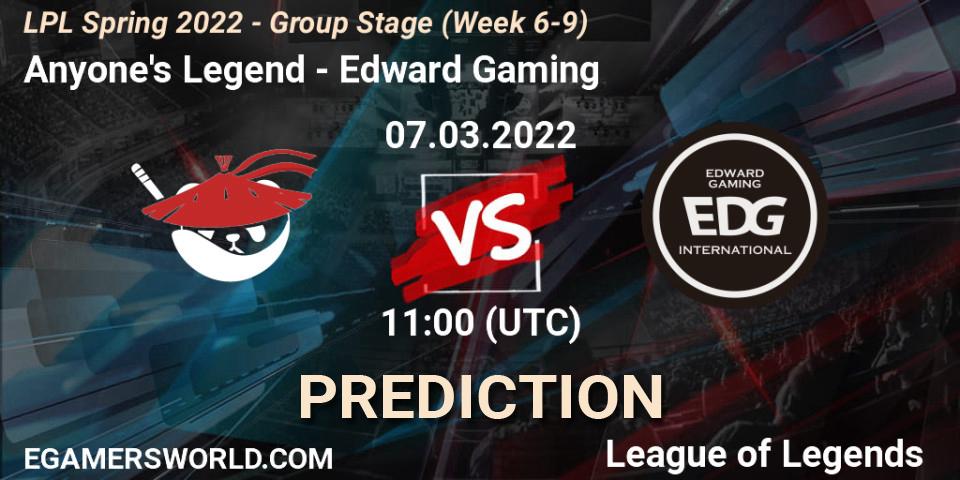 Prognoza Anyone's Legend - Edward Gaming. 07.03.2022 at 11:50, LoL, LPL Spring 2022 - Group Stage (Week 6-9)