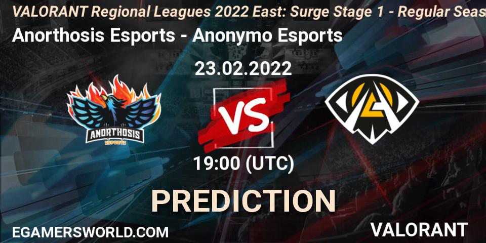 Prognoza Anorthosis Esports - Anonymo Esports. 23.02.2022 at 19:45, VALORANT, VALORANT Regional Leagues 2022 East: Surge Stage 1 - Regular Season