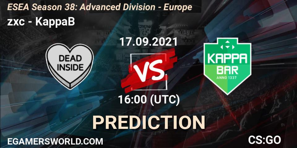 Prognoza zxc - KappaB. 17.09.2021 at 16:00, Counter-Strike (CS2), ESEA Season 38: Advanced Division - Europe