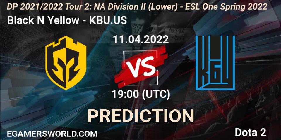 Prognoza Black N Yellow - KBU.US. 11.04.2022 at 19:44, Dota 2, DP 2021/2022 Tour 2: NA Division II (Lower) - ESL One Spring 2022