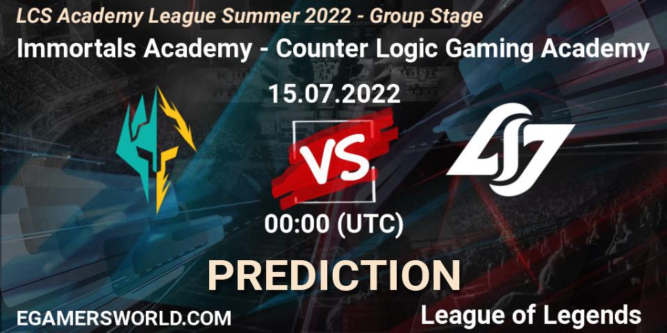 Prognoza Immortals Academy - Counter Logic Gaming Academy. 15.07.2022 at 00:00, LoL, LCS Academy League Summer 2022 - Group Stage