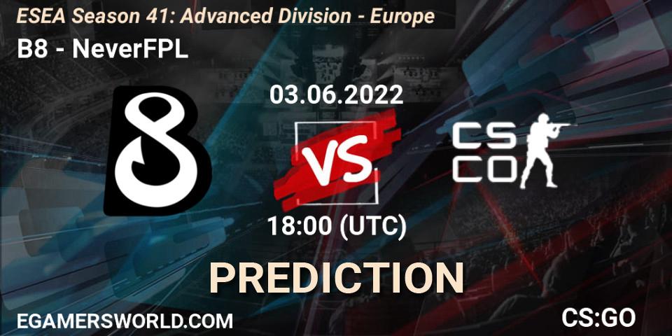 Prognoza B8 - NeverFPL. 03.06.2022 at 18:00, Counter-Strike (CS2), ESEA Season 41: Advanced Division - Europe