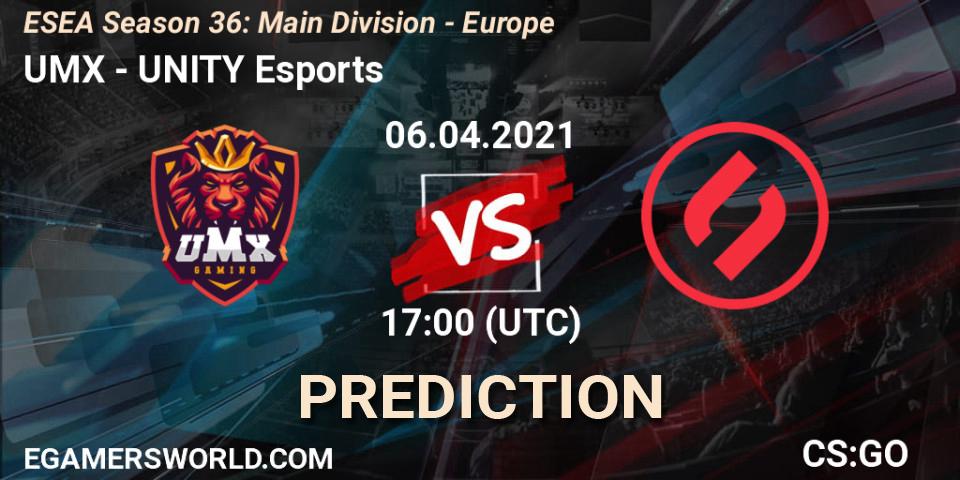 Prognoza UMX - UNITY Esports. 06.04.2021 at 17:00, Counter-Strike (CS2), ESEA Season 36: Main Division - Europe