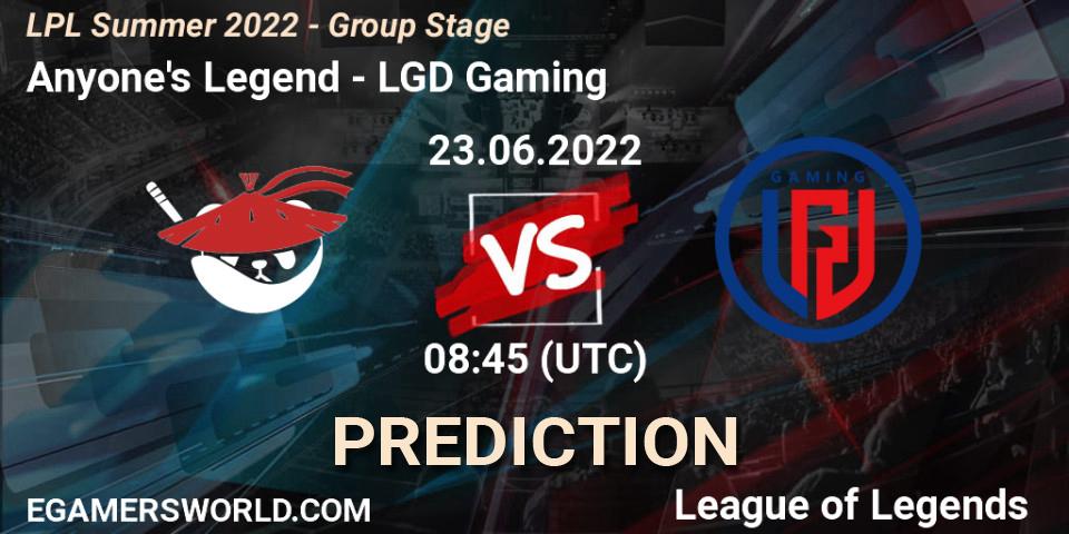Prognoza Anyone's Legend - LGD Gaming. 23.06.22, LoL, LPL Summer 2022 - Group Stage