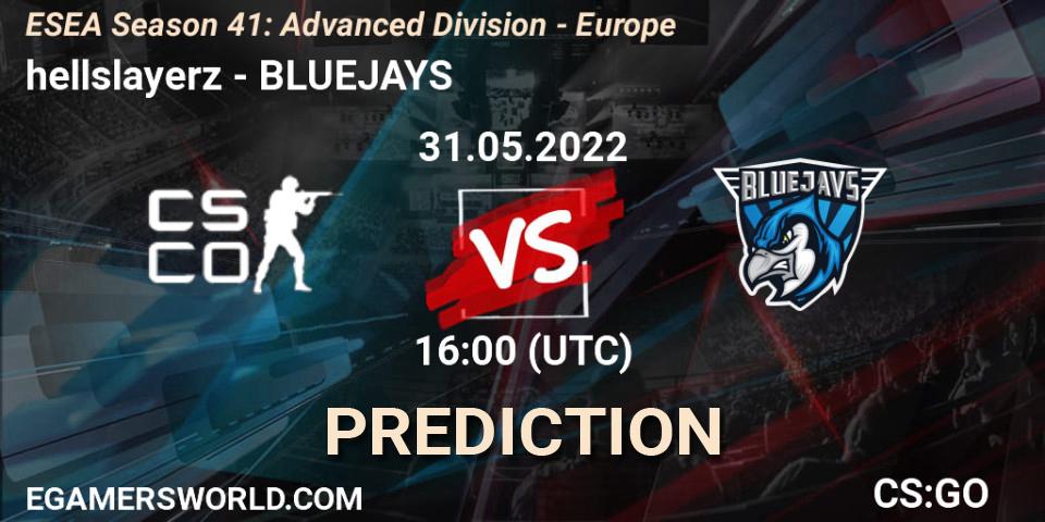 Prognoza hellslayerz - BLUEJAYS. 31.05.2022 at 16:00, Counter-Strike (CS2), ESEA Season 41: Advanced Division - Europe