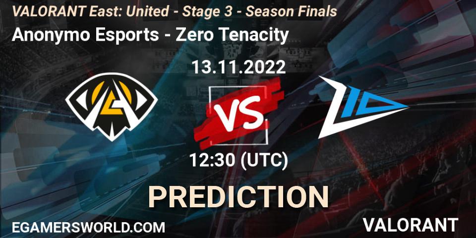 Prognoza Anonymo Esports - Zero Tenacity. 13.11.2022 at 12:30, VALORANT, VALORANT East: United - Stage 3 - Season Finals