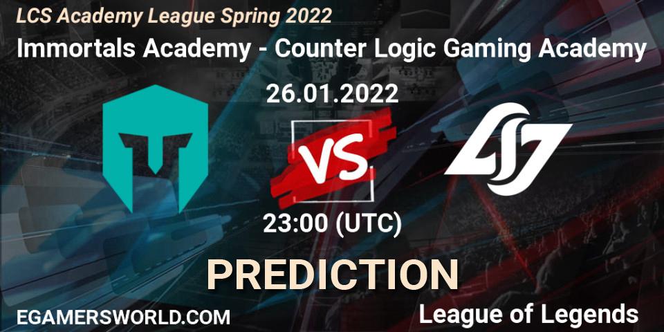 Prognoza Immortals Academy - Counter Logic Gaming Academy. 26.01.2022 at 23:00, LoL, LCS Academy League Spring 2022