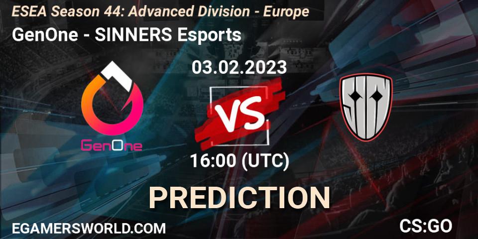 Prognoza GenOne - SINNERS Esports. 03.02.23, CS2 (CS:GO), ESEA Season 44: Advanced Division - Europe