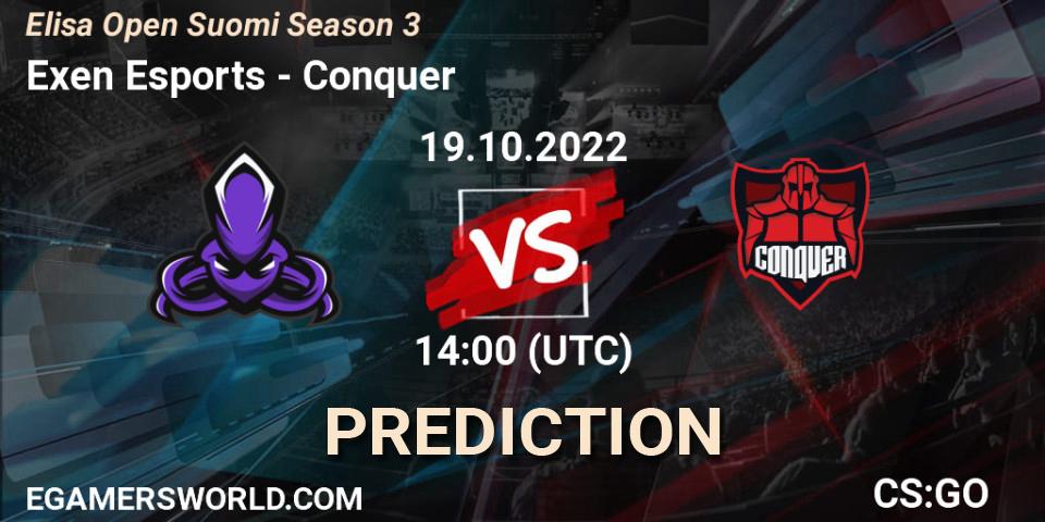 Prognoza Exen Esports - Conquer. 19.10.2022 at 14:00, Counter-Strike (CS2), Elisa Open Suomi Season 3