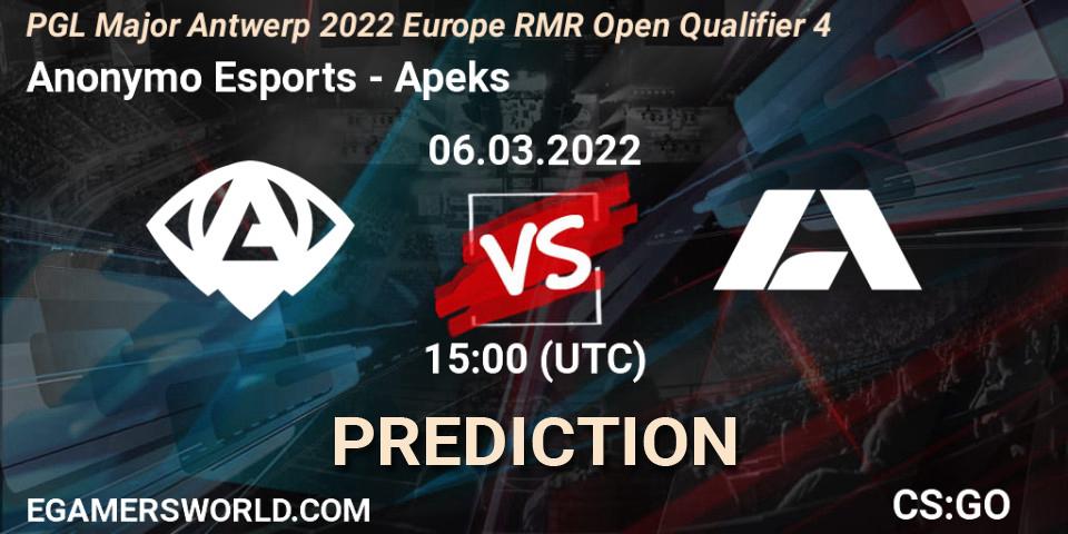 Prognoza Anonymo Esports - Apeks. 06.03.2022 at 15:05, Counter-Strike (CS2), PGL Major Antwerp 2022 Europe RMR Open Qualifier 4