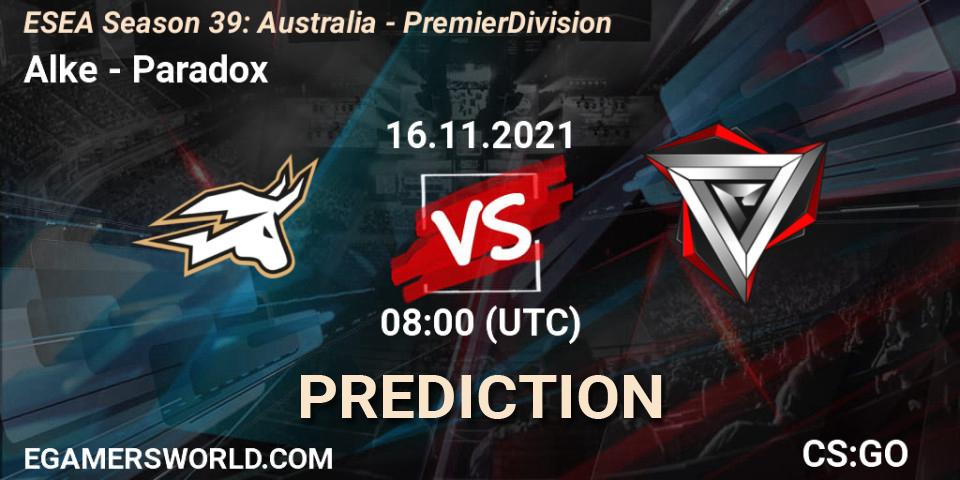 Prognoza Alke - Paradox. 16.11.2021 at 08:00, Counter-Strike (CS2), ESEA Season 39: Australia - Premier Division