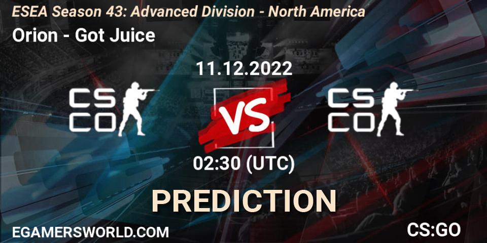 Prognoza Orion - Got Juice. 11.12.22, CS2 (CS:GO), ESEA Season 43: Advanced Division - North America