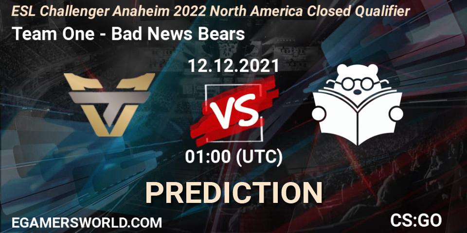 Prognoza Team One - Bad News Bears. 12.12.2021 at 01:00, Counter-Strike (CS2), ESL Challenger Anaheim 2022 North America Closed Qualifier