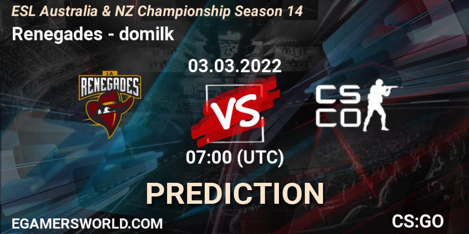 Prognoza Renegades - DoMilk. 03.03.2022 at 07:00, Counter-Strike (CS2), ESL ANZ Champs Season 14