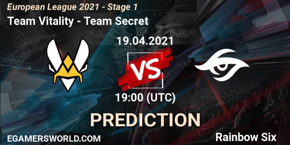 Prognoza Team Vitality - Team Secret. 19.04.2021 at 21:00, Rainbow Six, European League 2021 - Stage 1