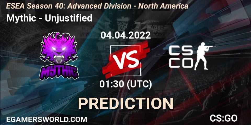 Prognoza Mythic - Unjustified. 04.04.2022 at 00:00, Counter-Strike (CS2), ESEA Season 40: Advanced Division - North America