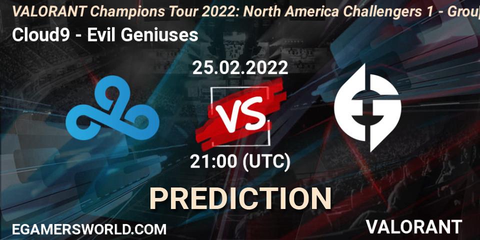 Prognoza Cloud9 - Evil Geniuses. 25.02.2022 at 21:15, VALORANT, VCT 2022: North America Challengers 1 - Group Stage