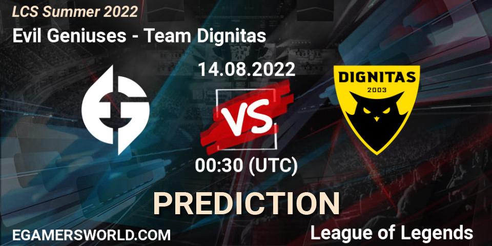 Prognoza Evil Geniuses - Team Dignitas. 14.08.2022 at 00:30, LoL, LCS Summer 2022