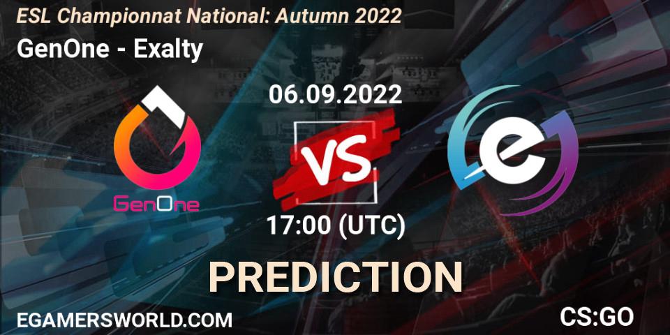 Prognoza GenOne - Exalty. 06.09.2022 at 17:00, Counter-Strike (CS2), ESL Championnat National: Autumn 2022