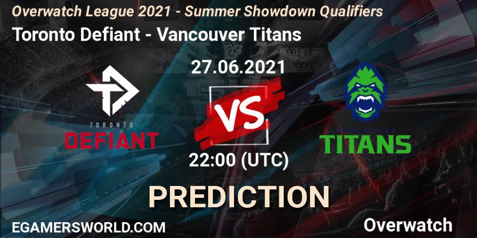 Prognoza Toronto Defiant - Vancouver Titans. 27.06.2021 at 23:00, Overwatch, Overwatch League 2021 - Summer Showdown Qualifiers