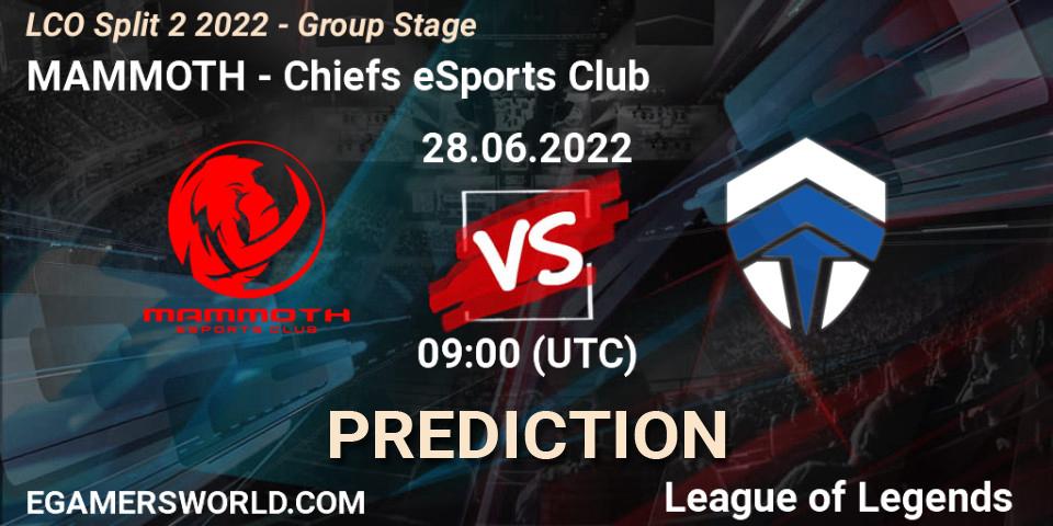 Prognoza MAMMOTH - Chiefs eSports Club. 28.06.2022 at 09:00, LoL, LCO Split 2 2022 - Group Stage