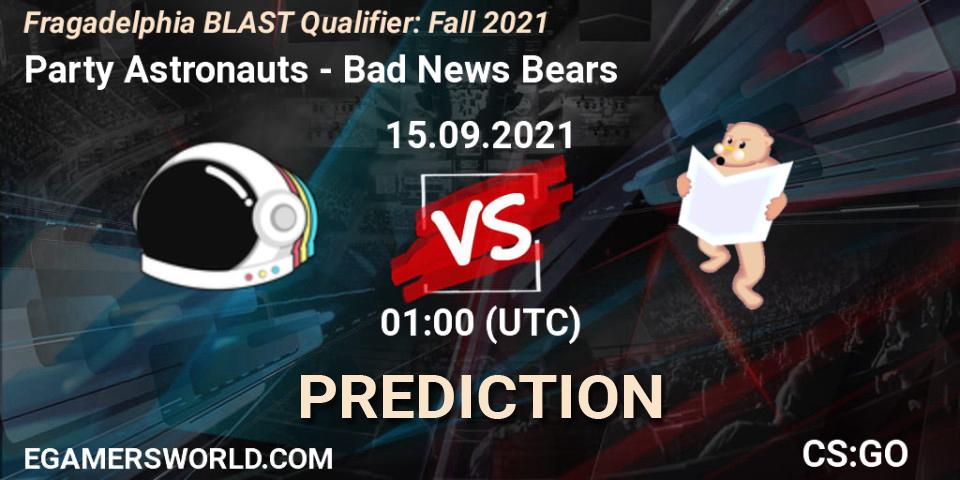 Prognoza Party Astronauts - Bad News Bears. 15.09.2021 at 01:10, Counter-Strike (CS2), Fragadelphia BLAST Qualifier: Fall 2021